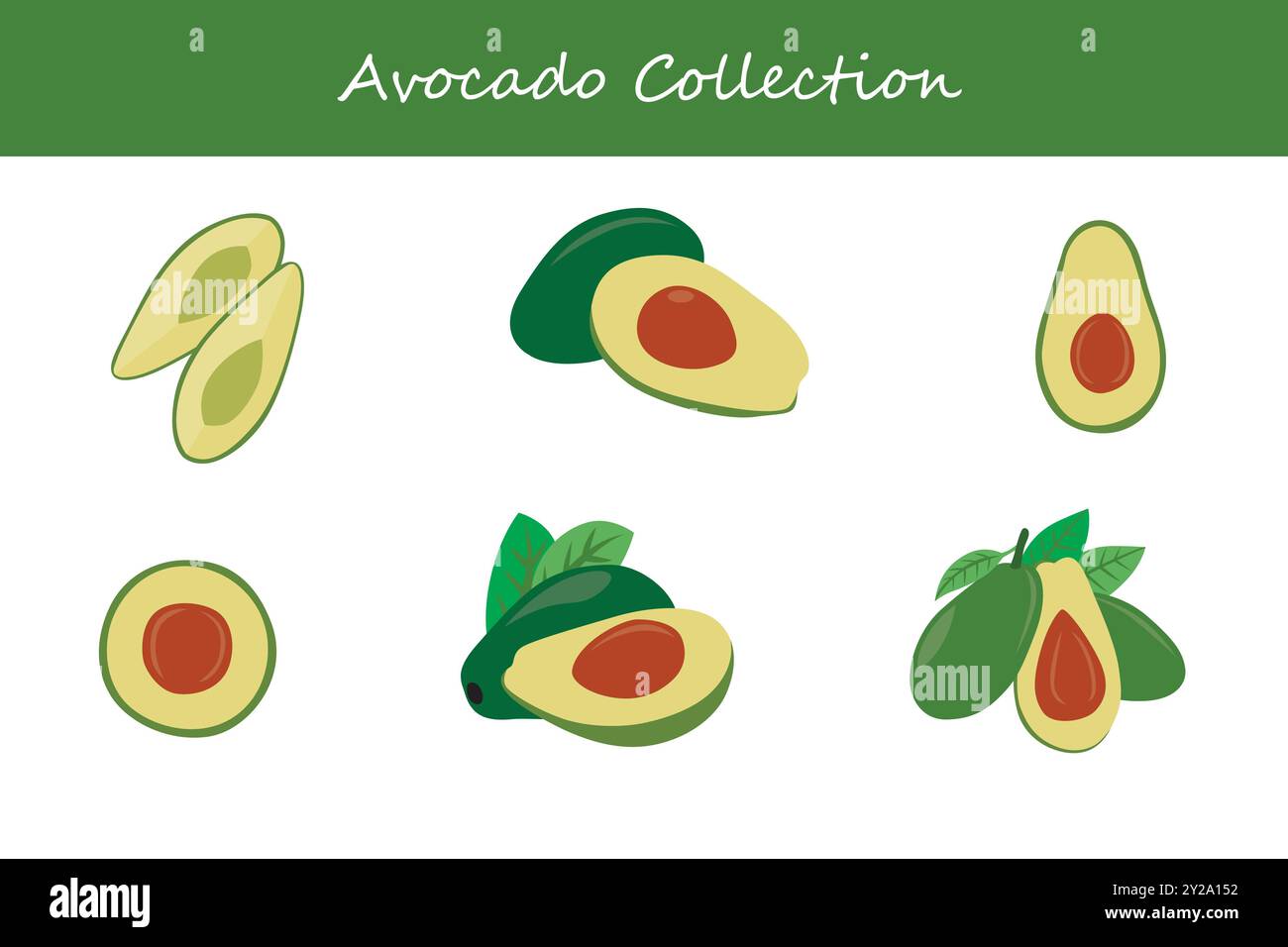 Avocadokollektion in verschiedenen Posen. Vektorabbildung. Stock Vektor