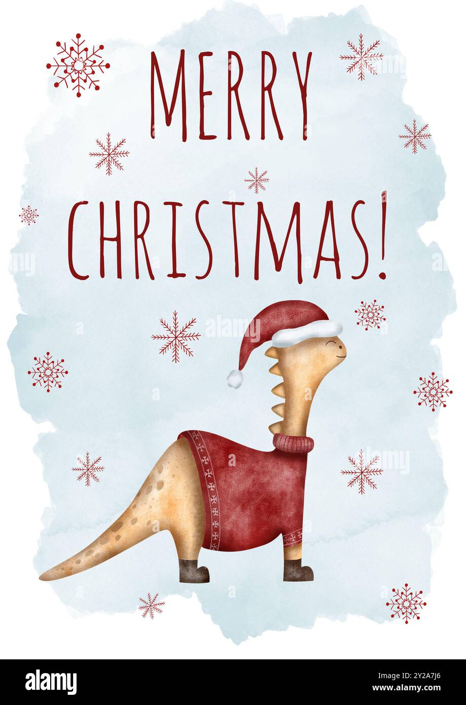 Süßer Dinosaurier in einem weihnachtspullover, handgezeichnet. Weihnachtskarte. Weihnachtskarte mit Aquarell. Niedliche Illustration für Winterferien, buntes niedliches Baby Stockfoto