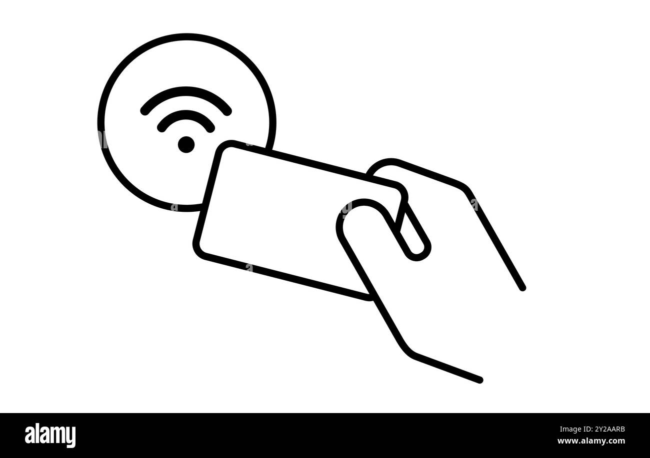 NFC-Karte drahtlose kontaktlose Transaktionssymbol Illustration Handkarte mit Signal isoliert schwarz weiß Stock Vektor