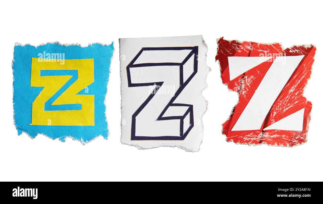 Z-Alphabet aus Zeitschriftenpapier auf weißem Hintergrund mit Beschneidungspfad gerissen. Buchstaben im Stil von Lösegeldscheinen. Stockfoto