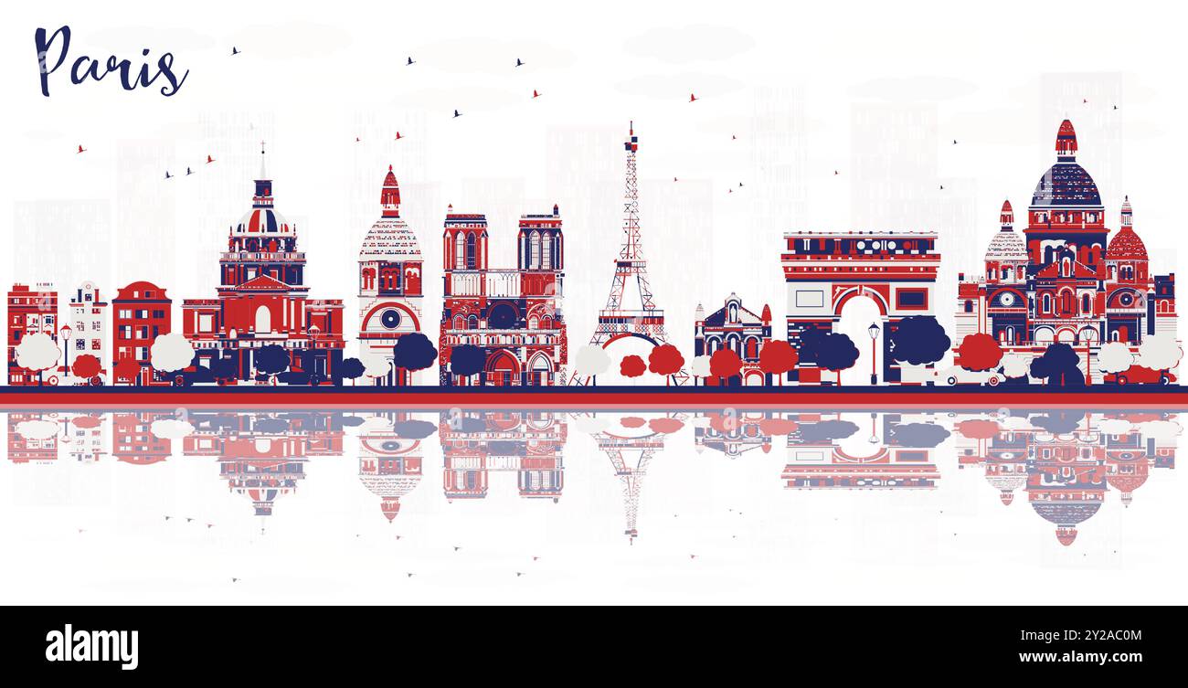 Abstrakte Skyline der Stadt Paris France mit farbigen Gebäuden und Reflexionen. Vektorabbildung. Stadtbild mit Wahrzeichen. Stock Vektor