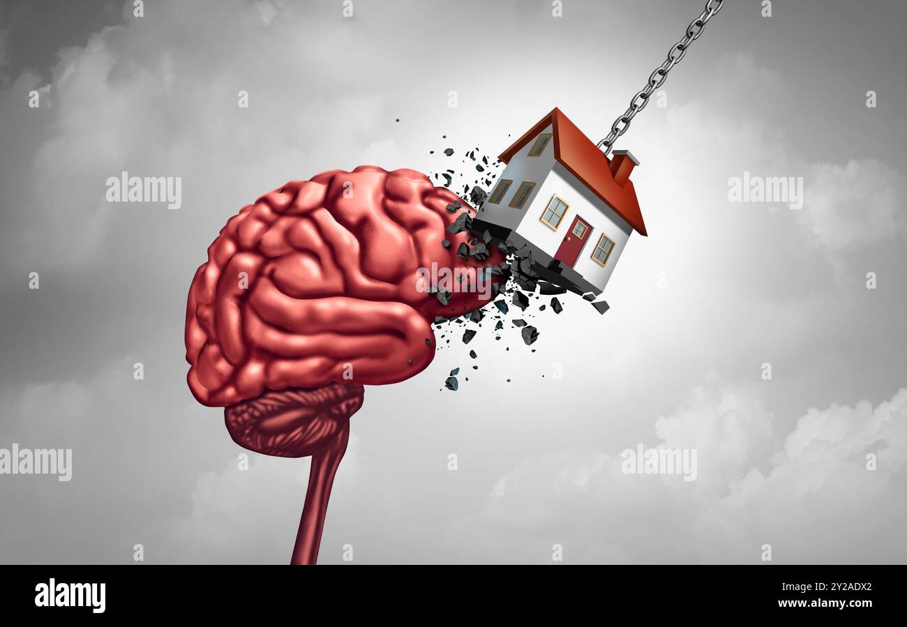 Hypothekenkopfschmerzen und Immobilienkrise als Sorge, weil sie Haushypotheken mit hohen Zinssätzen bezahlen, was aufgrund finanzieller Unzerrtheit Stress in den Gehirnen verursacht Stockfoto