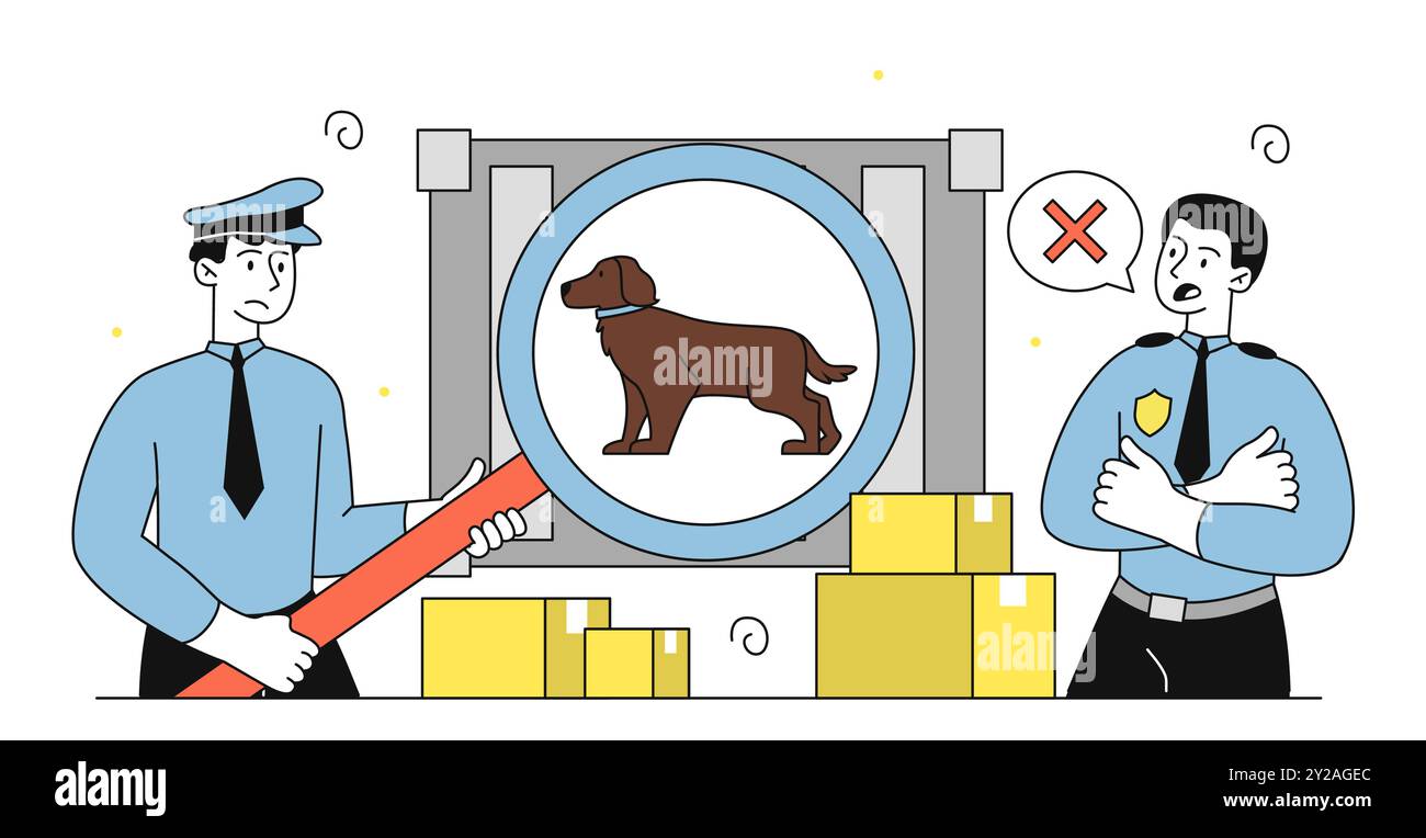 Patrol Checkpoint Konzept. Männer in Uniform schauen sich Pappschachteln mit Lupe an. Wachen mit Hundeschornpaketen. Grenzschutzbeamte. Linear Stock Vektor