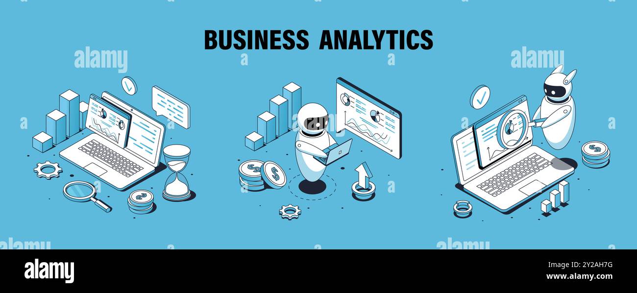 Isometrische Poster für Business-Bots. Virtueller Helfer mit Diagrammen und Laptop. Künstliche Intelligenz und maschinelles Lernen. Design der Landing-Webseite Stock Vektor