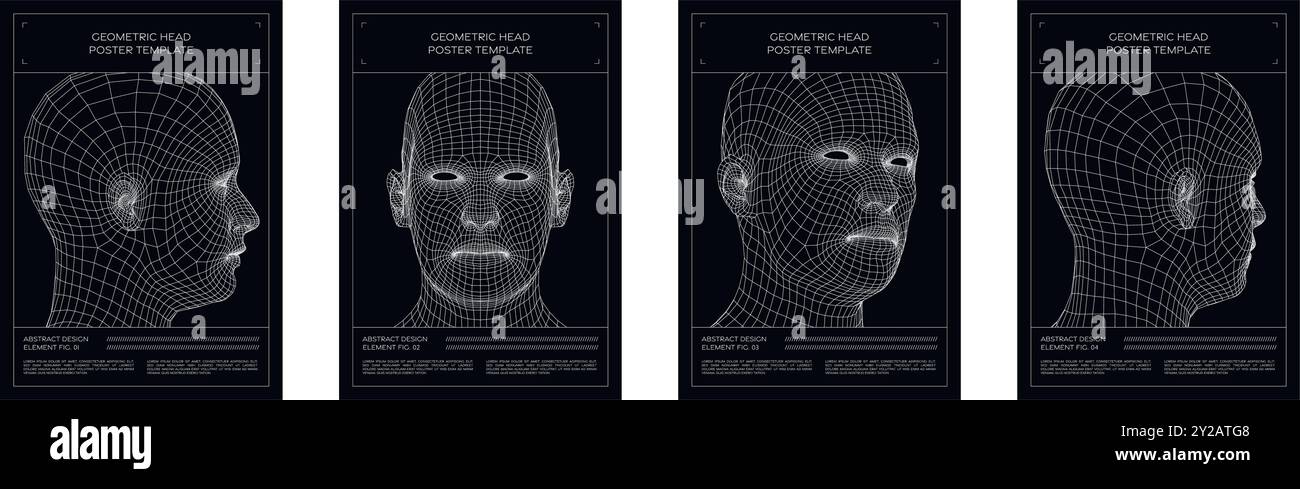 Satz abstrakter, geometrischer Posterhintergründe in 3D-Kopfform. Vektor-Designelemente, Vorlagen für Web, Flyer, Poster, Cover, Apps, Collagen. Stock Vektor
