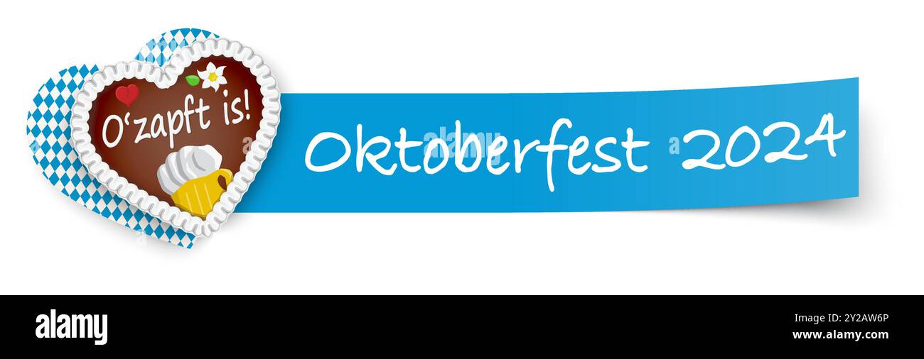 EPS 10 Vektor mit langem blauem Haftpapier und Lebkuchenherz mit Text Oktoberfest 2024 und Grüßen Stock Vektor