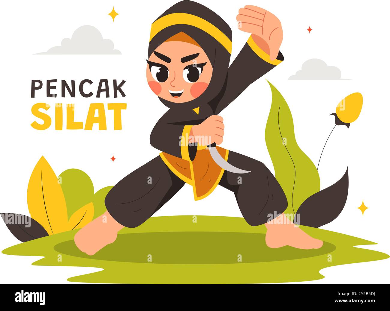 Pencak Silat Sport Vektor-Illustration mit Kampfkünstlern, die in traditionellen indonesischen Kampfhalsen posieren, in einem flachen Cartoon-Hintergrund Stock Vektor