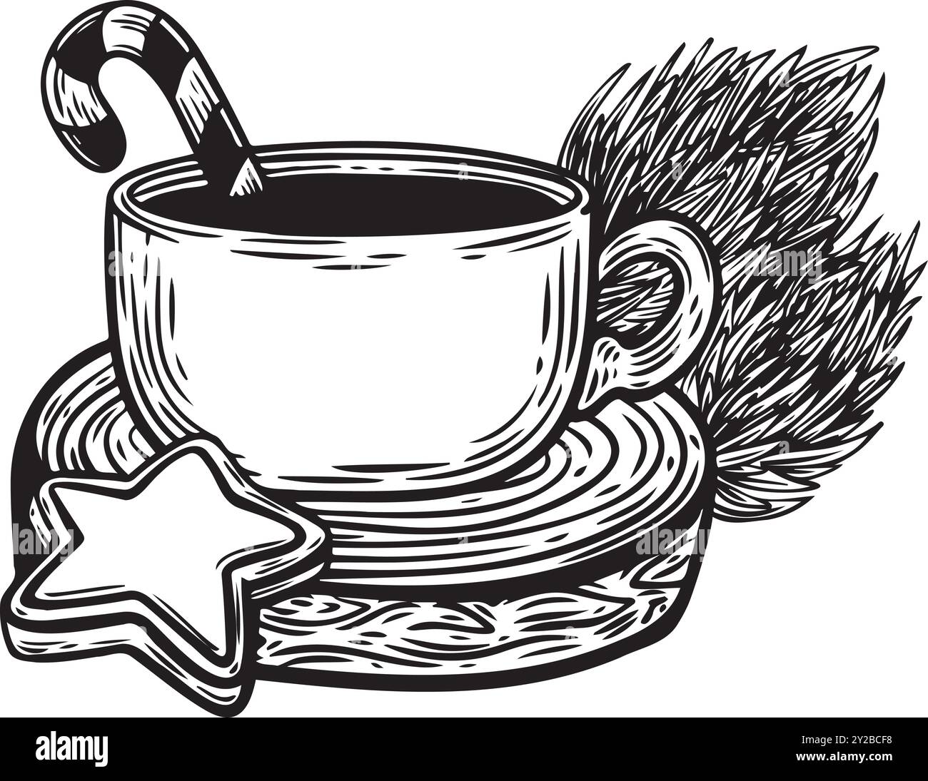 Weihnachtskaffeetasse mit Zuckerstangen und sternförmiger Kekslinie Zeichnung isoliert auf weißem Hintergrund. Stock Vektor