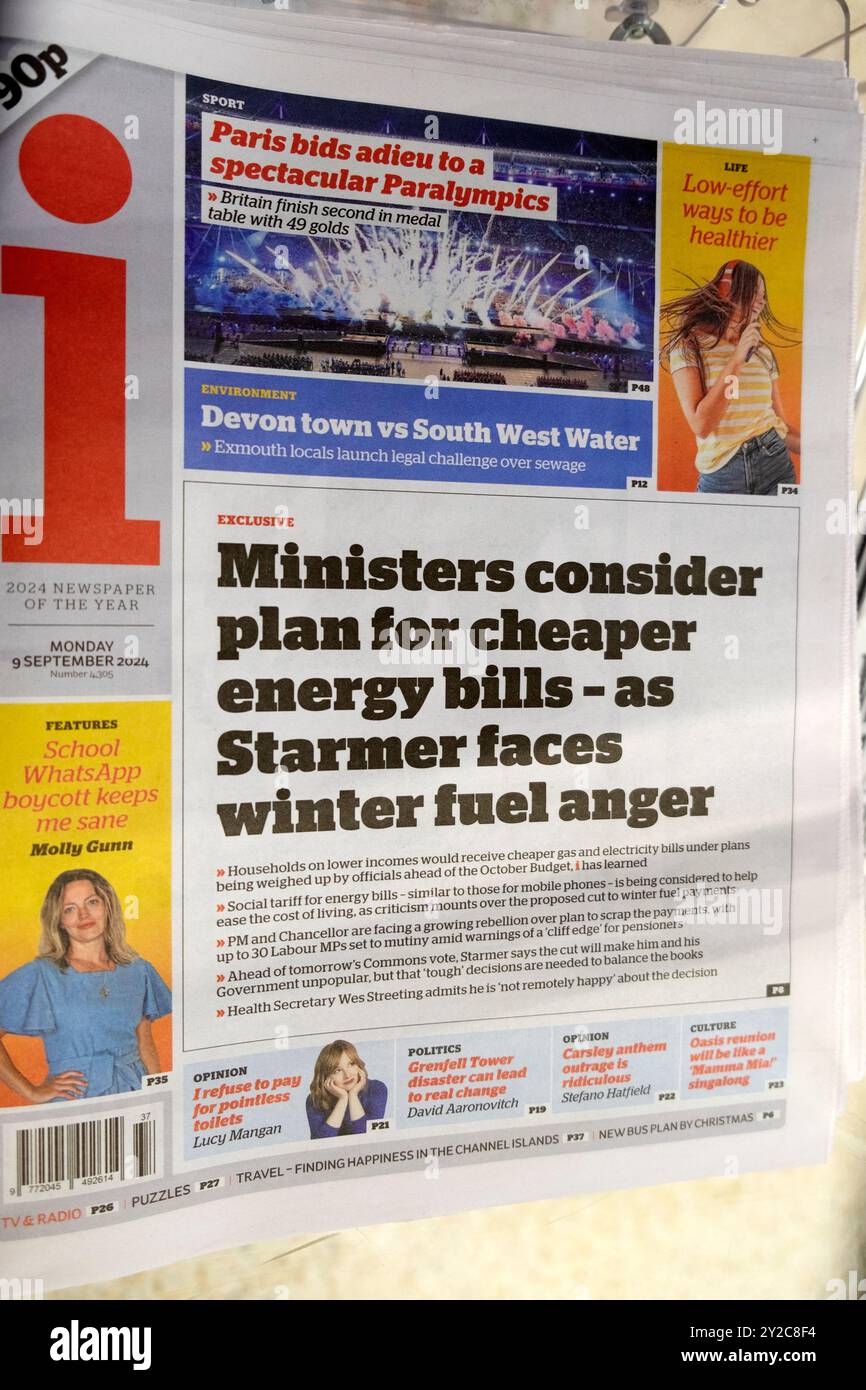 "Minister (MPS) prüfen Pläne für billigere Energierechnungen, da Starmer im Winter mit Treibstoffzorn konfrontiert ist" i Zeitung titelt artikel 9 September 2024 London Vereinigtes Königreich Stockfoto