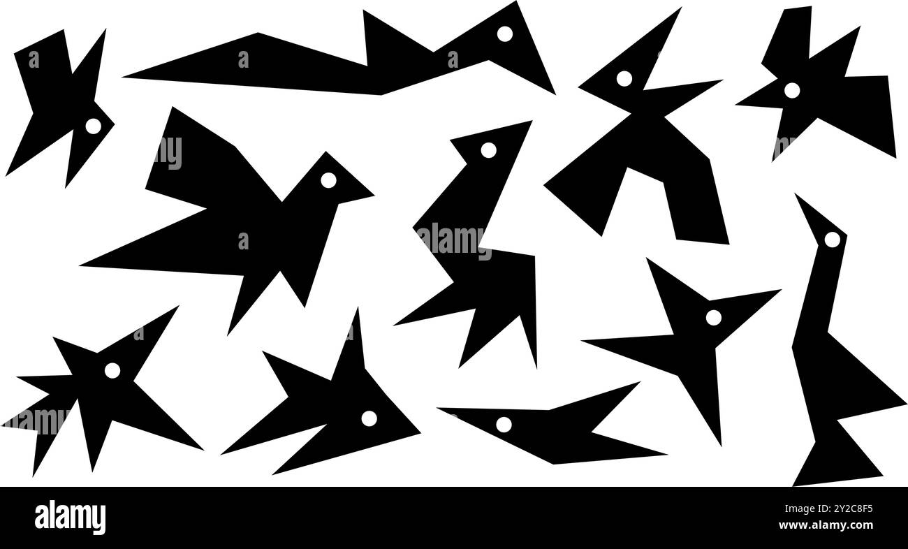 Unregelmäßige, von Hand gezeichnete lustige Vögel. Setzen Sie trendige schwarze Ausschnittpapierelemente. Sterne Formen. Funky groovige Funken einfache Formen isoliert auf weiß Stock Vektor