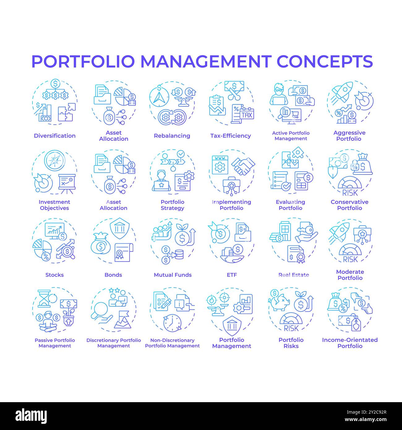 Symbole für das blaue Verlaufskonzept für Portfoliomanagement Stock Vektor