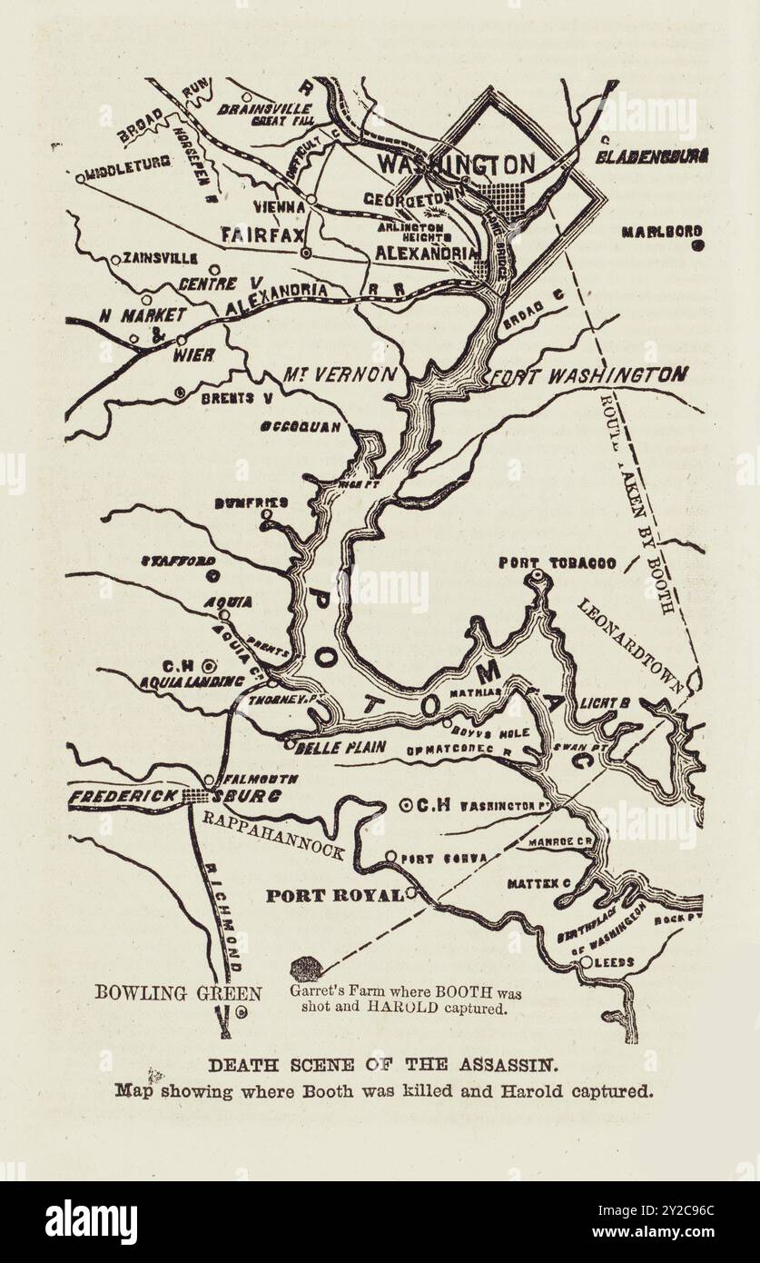 Todesszene des Assassinen - Karte zeigt, wo Booth getötet und Harold gefangen genommen wurde. Abraham Lincoln Attentat 1865 Stockfoto