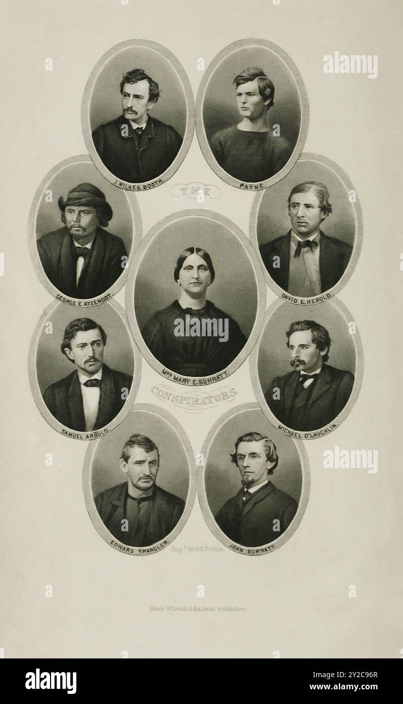Illustration - die Ermordung von Präsident Lincoln und der Prozess gegen die Verschwörer David E. Herold, Mary E. Surratt, Lewis Payne, George A. Atzerodt, Edward Spangler, Samuel A. Mudd, Samuel Arnold, Michael O'Laughlin - 1865 Stockfoto