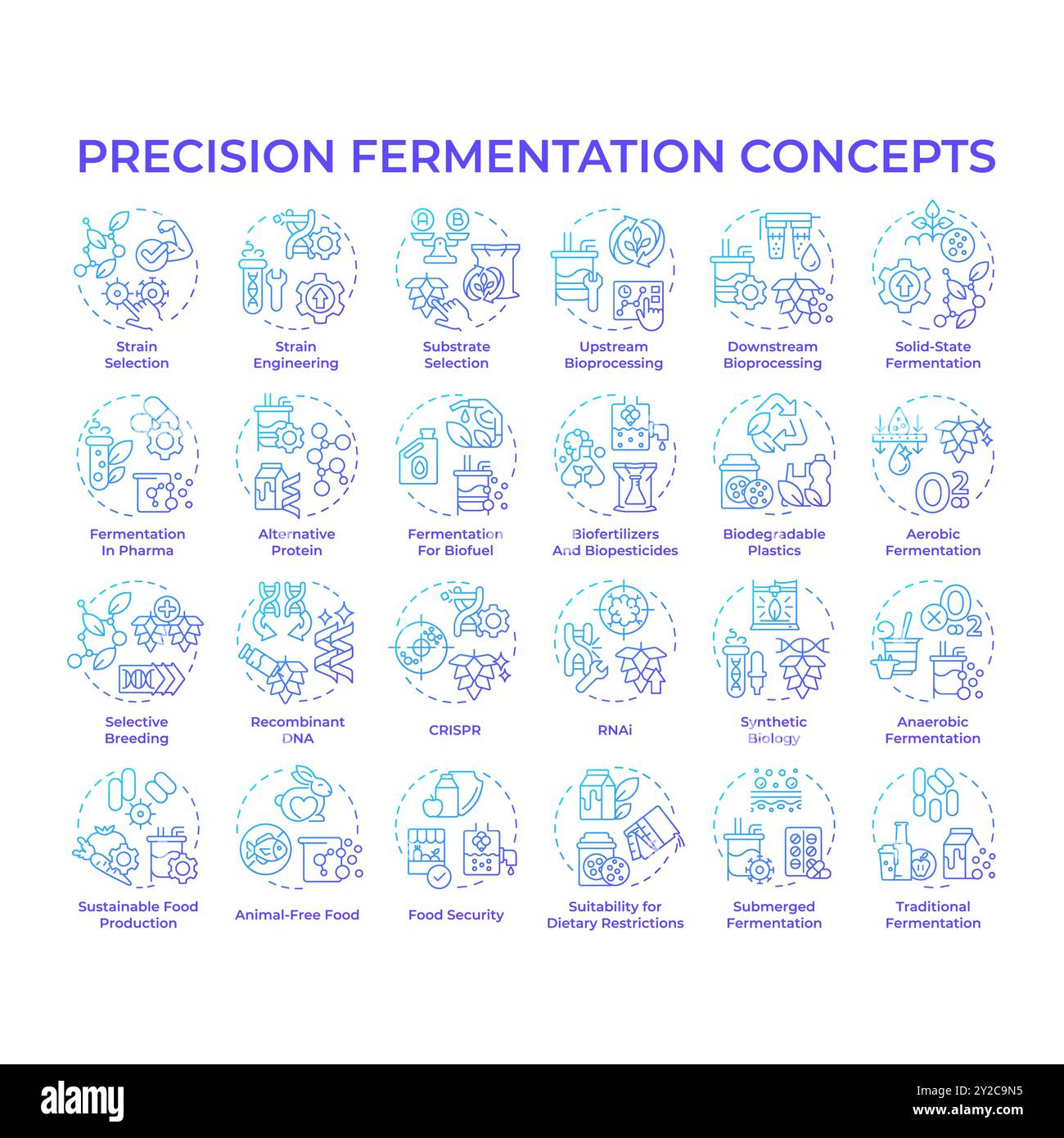 Symbole für das Konzept des blauen Gradienten für die Präzisionsfermentation Stock Vektor