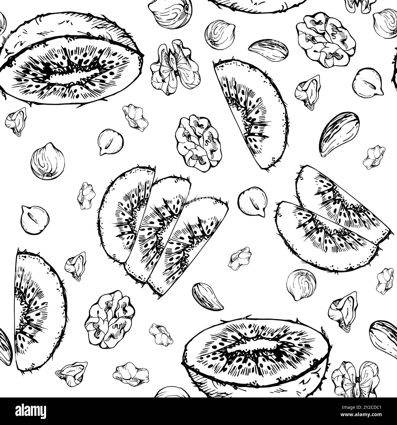 Grüne Kiwi-Nuss-Mischung, Walnussmandeldiät und gesunder Lebensstil, vegane Küche. Handgezeichnete Vektortinte. Abbildung nahtloses Muster isoliert auf Stock Vektor