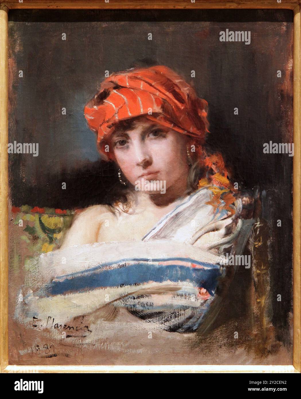 Mädchen in einem roten Schal / Kopf Studie von Casto Plasencia Maestro (1845-1890).in Frame. Stockfoto