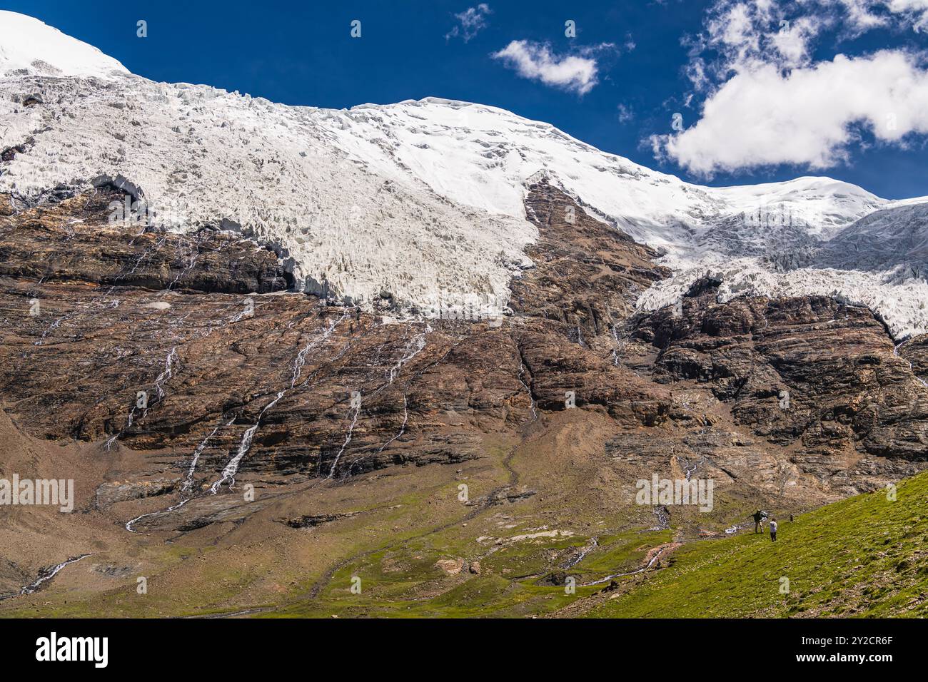 Der 6773 m hohe Togolung Berg -links- und der 7206 m hohe Nojin Kangsang Berg und Gletscher -rechts- in Richtung Karo-La Pass im Himalaya Lhagoi K gesehen Stockfoto