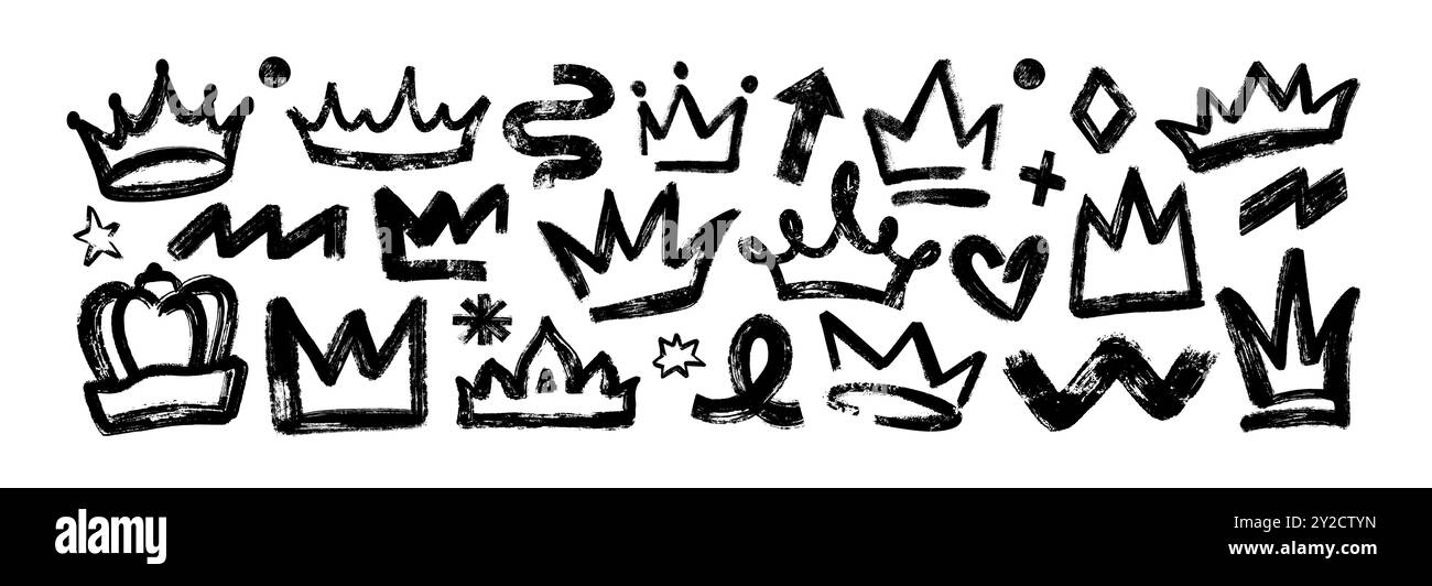 Set aus fetten Königskronen in Pinselstrichstruktur. Schwarzes raues Prinzendiadem. Handgezeichnete Graffiti-Prinzessin majestätisches Diadem, königliche Köpfe Accessoires, Sterne, Pfeil, Punkte und wellige Linien Stock Vektor