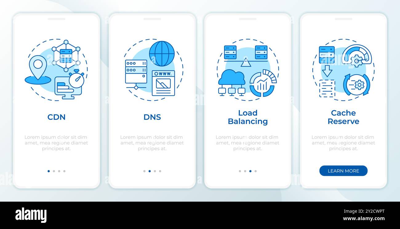 Web-Skalierbarkeitstechniken blauer Onboarding-Bildschirm für mobile Apps Stock Vektor