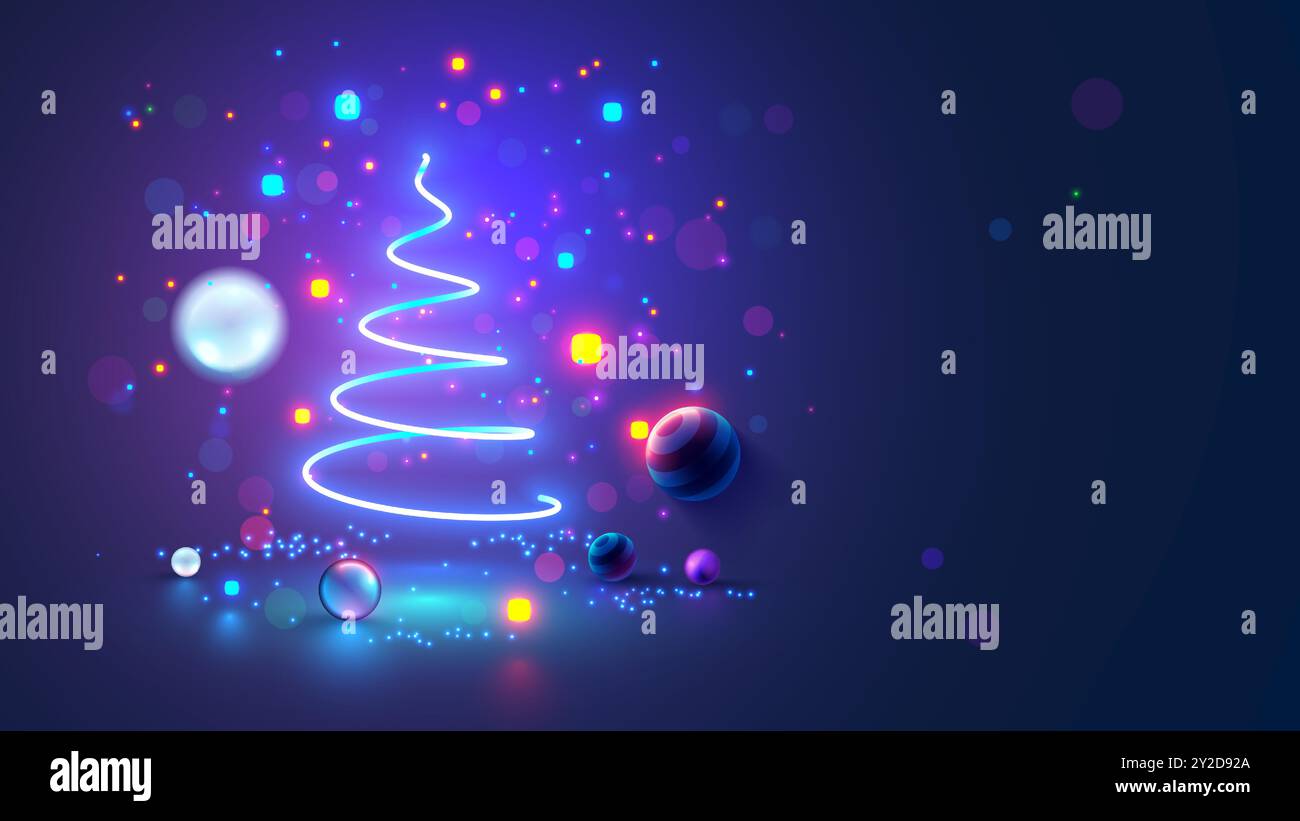Weihnachtsbaum auf Weihnachtsposter im elektronischen Technikstil. Neujahr, frohe weihnachten Glückwunschkarte im Computerdesign. Vorlage Ch Stock Vektor