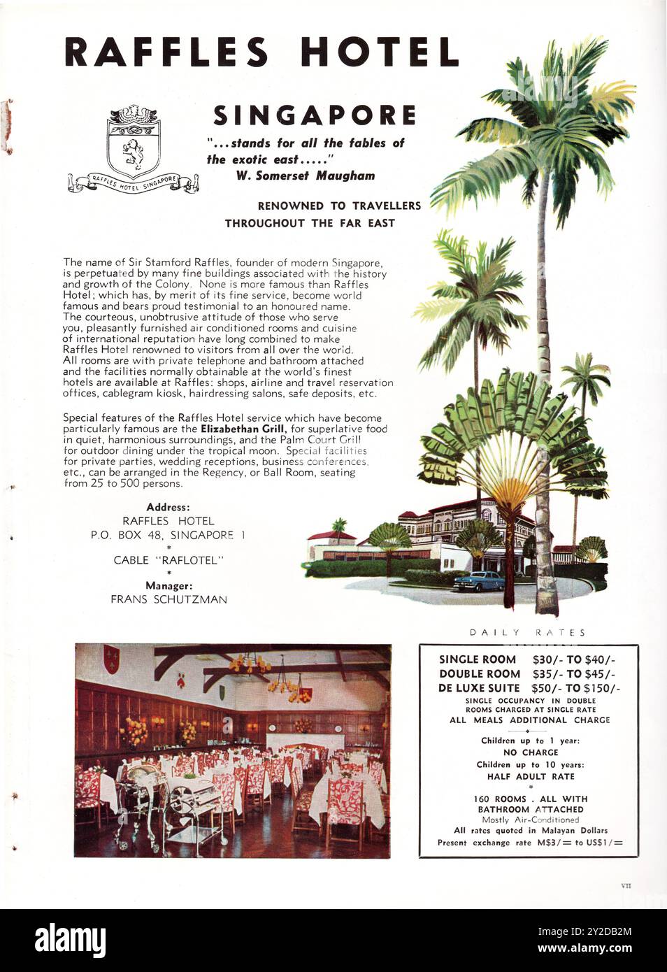 Old Vintage Raffles Hotel Werbespot in der Straits Times Annual 1960 in Singapur. Stockfoto