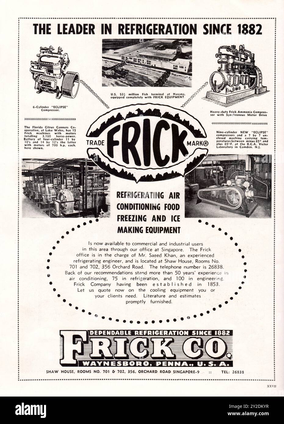 Old Vintage Frick Company Werbespot in der Straits Times Annual 1960 in Singapur. Stockfoto