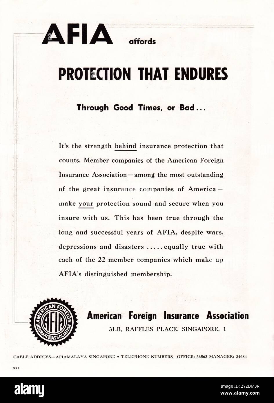 Old Vintage American Foreign Insurance Association oder AFIA-Werbung in der Straits Times Annual 1960 in Singapur. Stockfoto