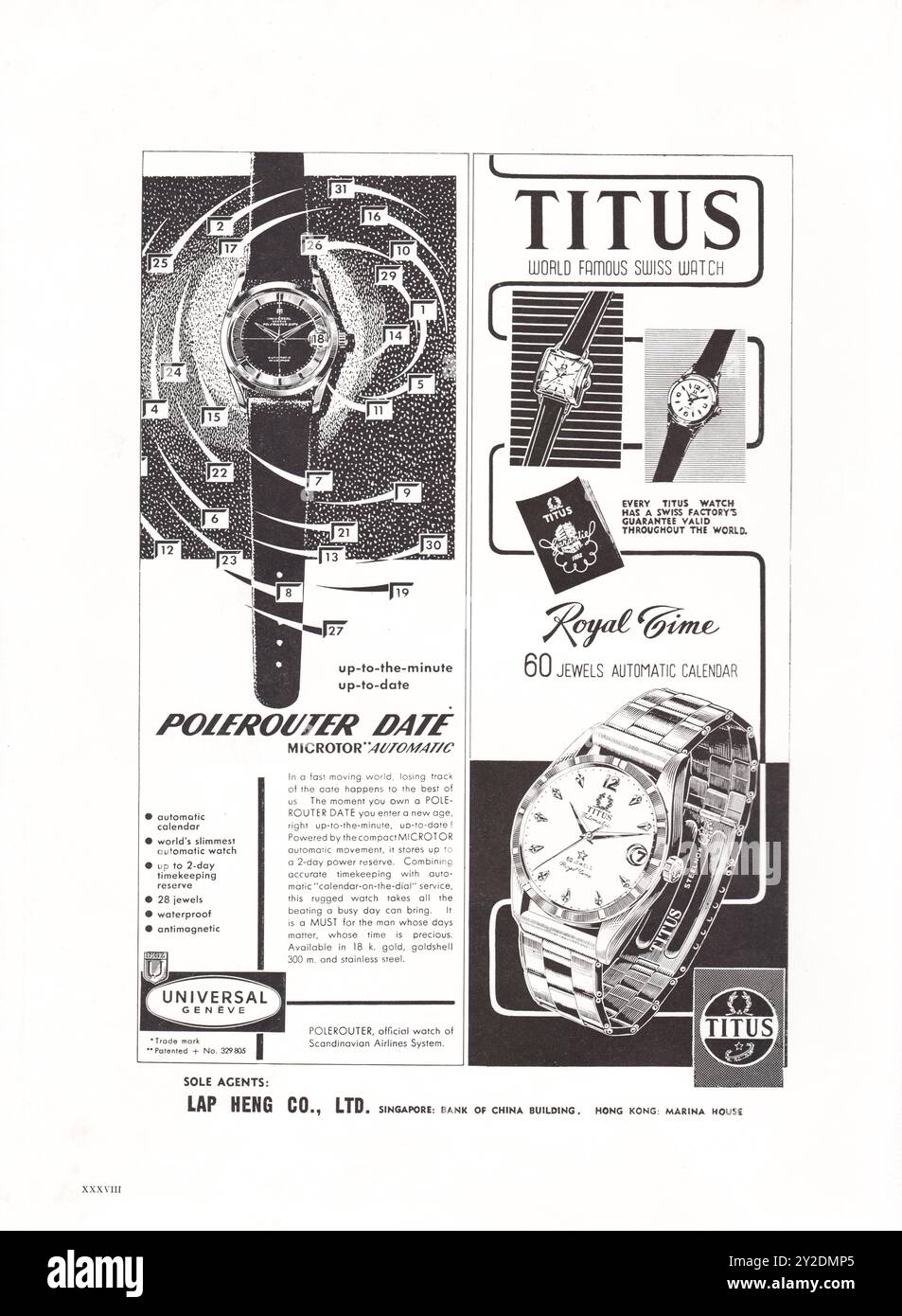 Old Vintage Lap Heng Co., Ltd Werbung für Titus Swiss Uhren in der Straits Times Annual 1960 in Singapur. Stockfoto