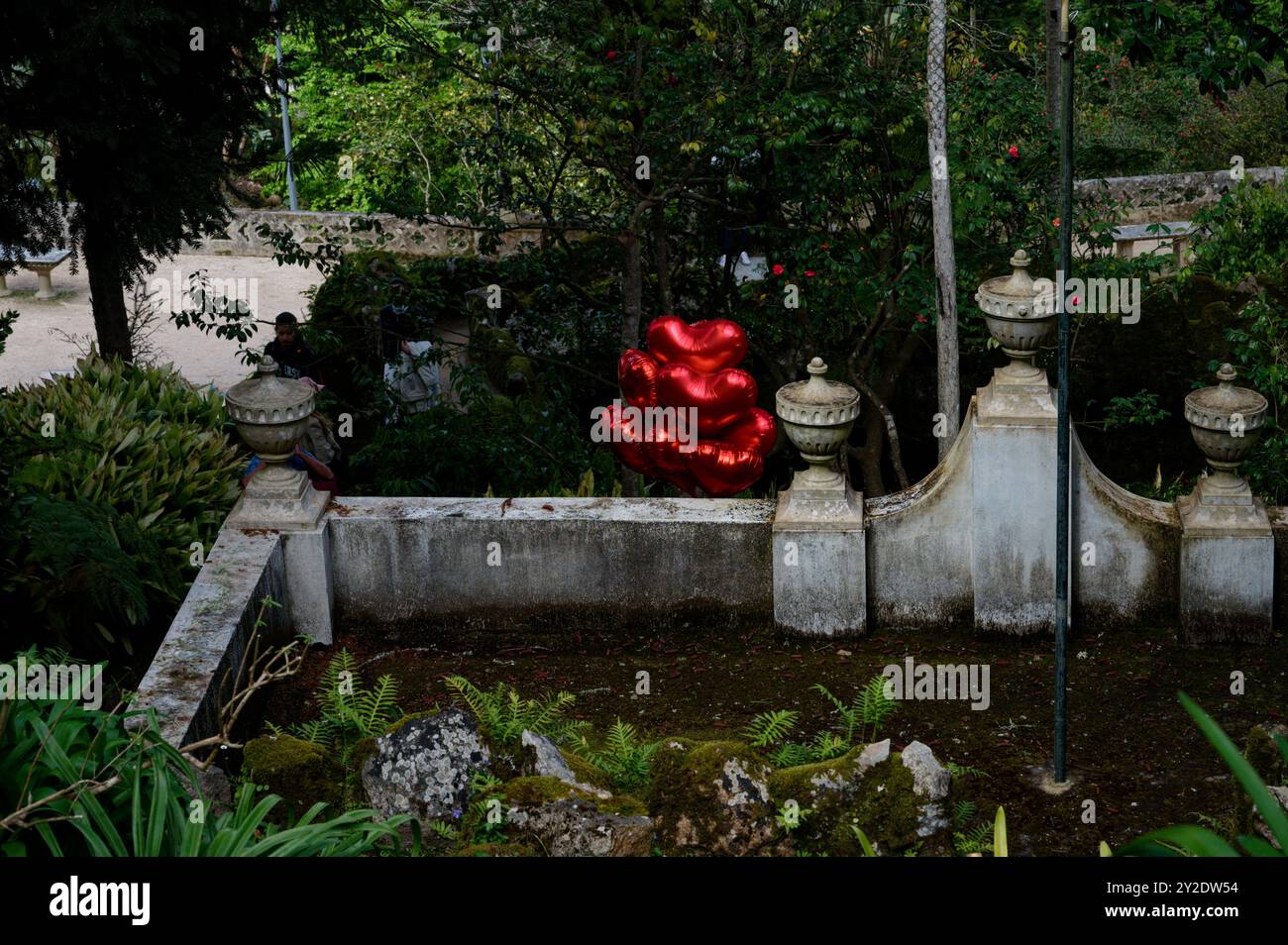 Eine lebhafte Ansammlung roter, herzförmiger Ballons bildet einen Kontrast zu einer alten Steinmauer und üppigem Grün in einer Gartenumgebung Stockfoto