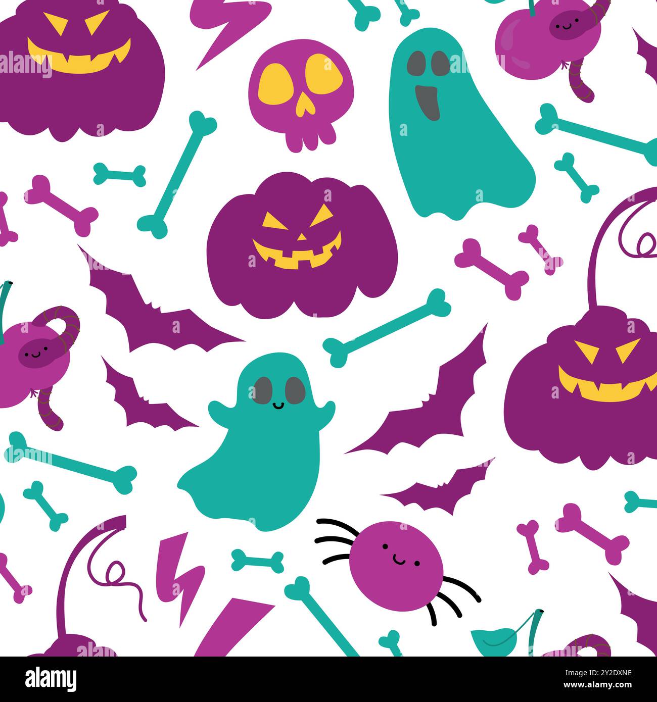 Halloween gemütliches nahtloses Muster mit Geist, Trank, Apfel, Fledermäuse, Blitz, Kürbisse, Knochen. Herbstferien-Ornament mit magischen Elementen. Vektorillu Stock Vektor