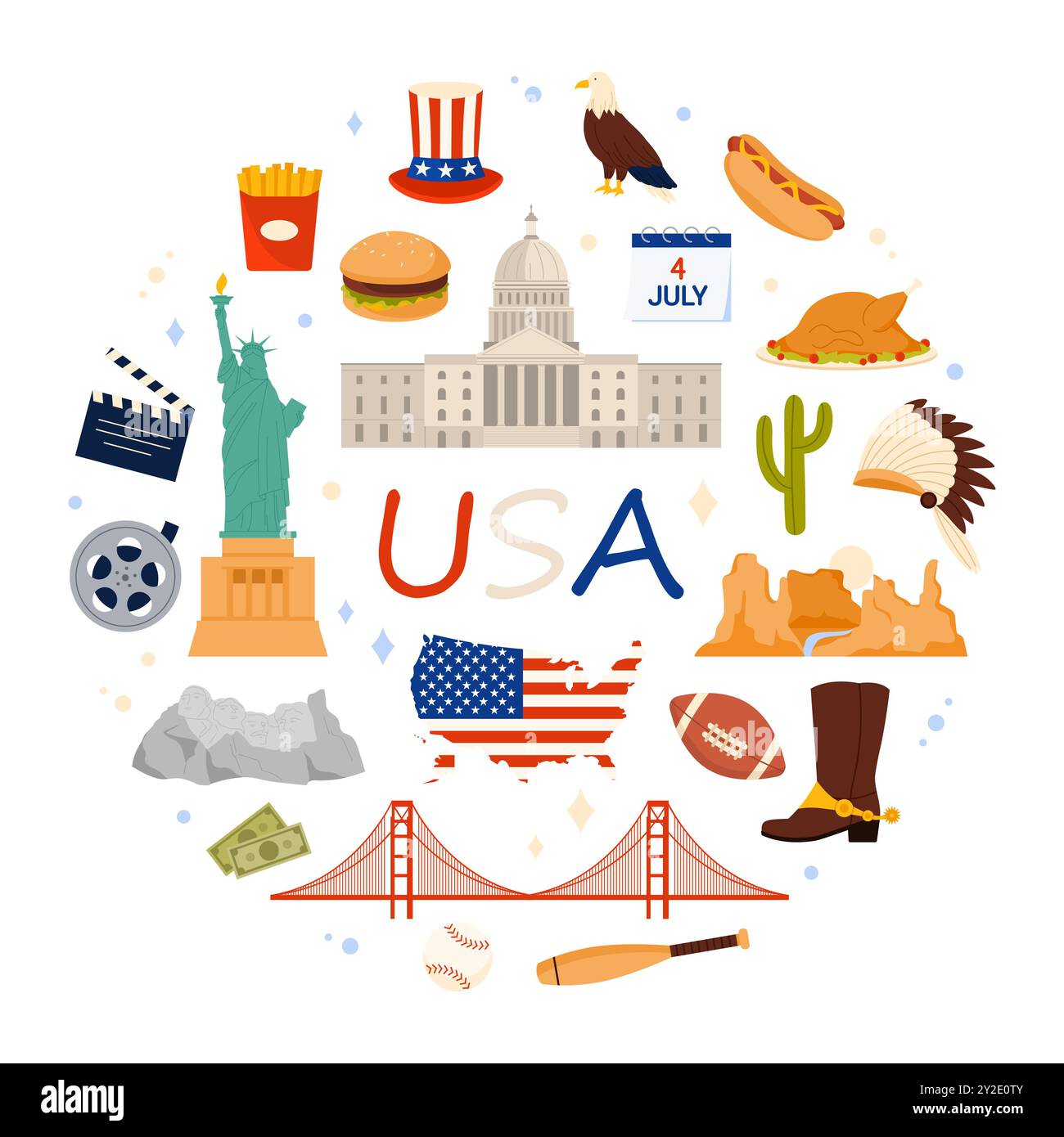 Reisen Sie in die Vereinigten Staaten von Amerika mit rundem Bannerdesign. Kulturelemente und Text der USA, berühmte Stadt- und Naturdenkmäler, Grand Canyon und Statue of Li Stock Vektor
