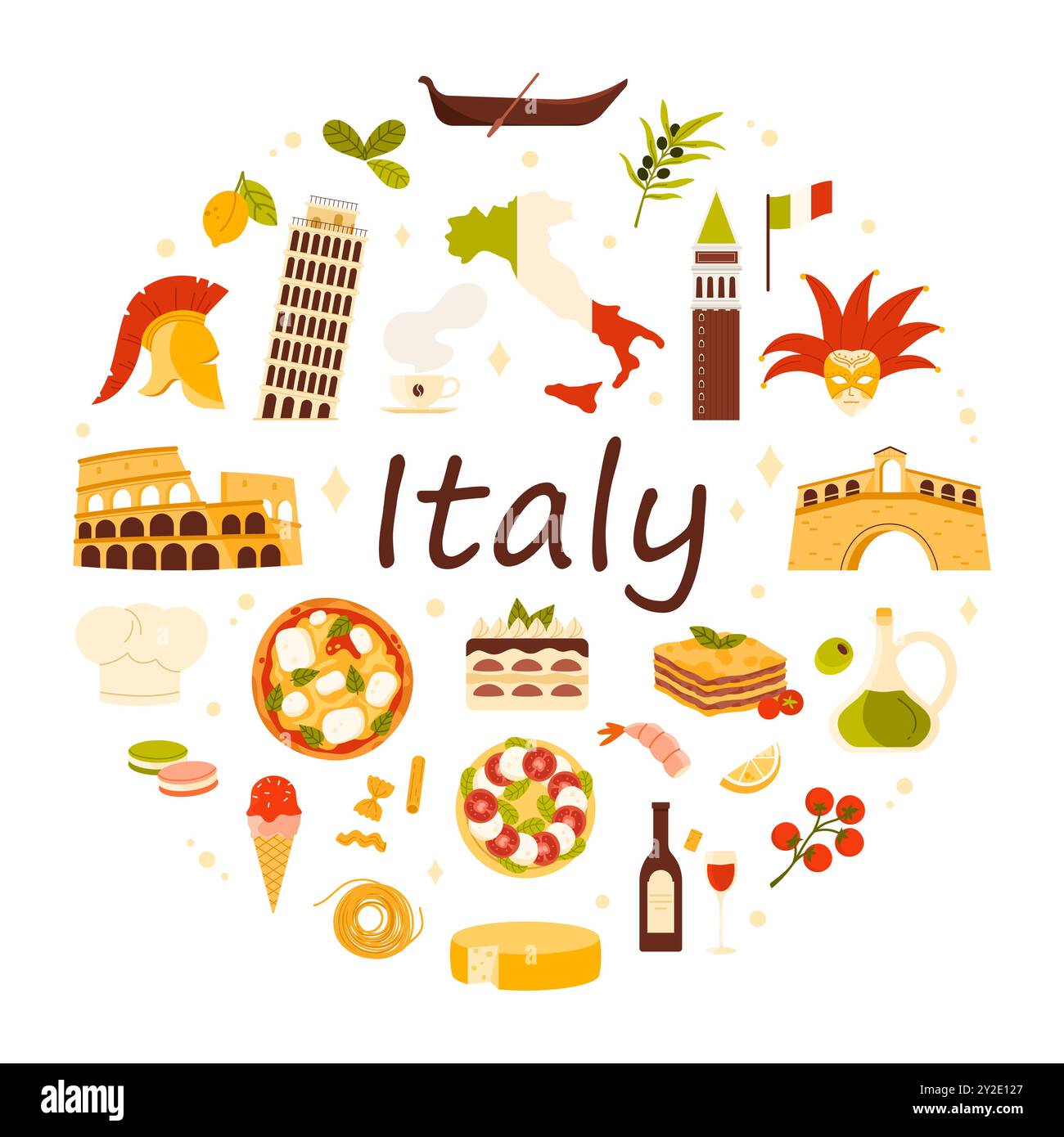 Rundbannerdesign für Reisen nach Italien. Italienische Kultur und altes Erbe Wahrzeichen, Karnevalsmaske und Gondel von Venedig, Pizza und Tiramisu, Text und Dekoration in kreisförmiger Cartoon Vektor Illustration Stock Vektor