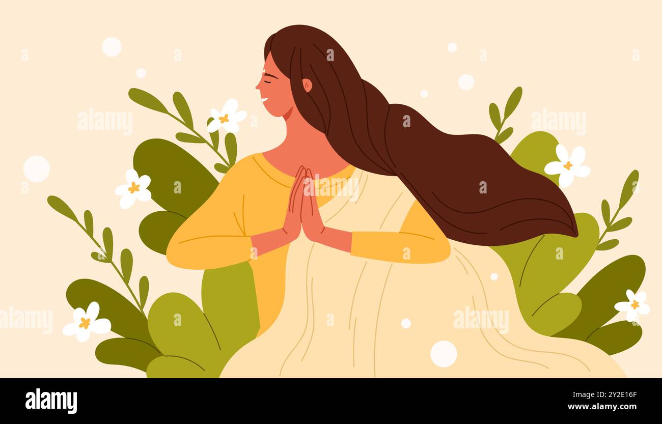 Indische junge Frau in traditionellem Saree mit Blumen und grünen Blättern. Niedliches Porträt des glücklichen Mädchens mit langen Haaren, gefalteten Händen in Namaste, Schönheit der Dame und Natur Cartoon Vektor Illustration Stock Vektor