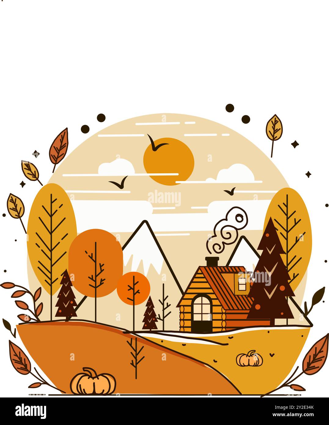 Herbstvektorlandschaft in Orange und Gelb. Gemütliche Illustration mit Holzhaus, Bäumen und Herbsthimmel. Stock Vektor