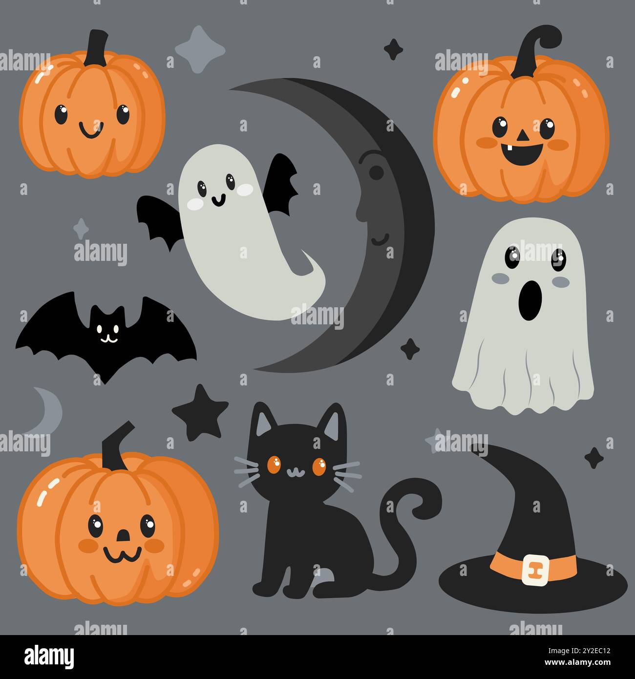 Set von Vektor-Illustrationen für den gruseligen Halloween-Feiertag. Süße orange Kürbisse, weiße Geister, Fledermaus und schwarze Katze mit Hut. Zur Dekoration. Stock Vektor