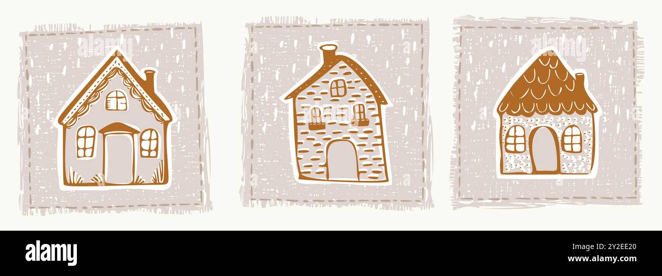 Skurrile verschneite Hüttentür mit festlichem Weihnachtsmotiv im dezember. Winterurlaub in sozialen Medien. Niedlich, handgezeichnet festlich Stock Vektor