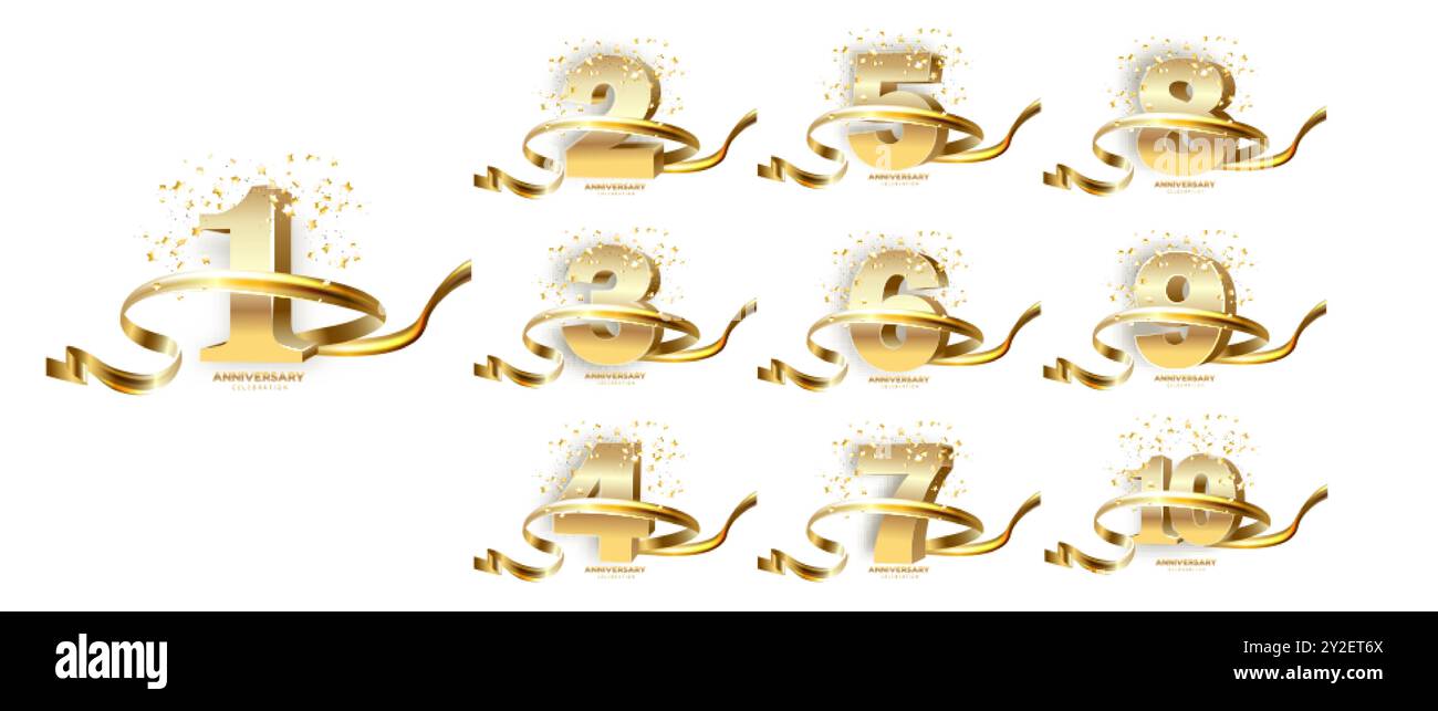 Set mit Emblem zum 1.-10. Jahrestag. Goldenes Jubiläumslogo isoliert auf weißem Hintergrund mit Farbverlauf. Design für Jubiläumsbanner Stock Vektor