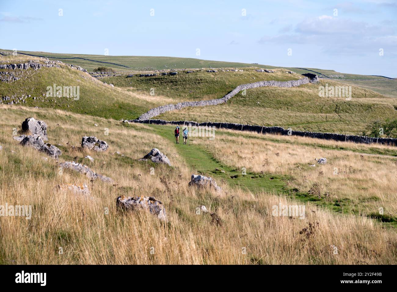 Wanderer auf dem Fernwanderweg Dales Way in der Nähe von Conistone, Wharfedale, Yorkshire Dales National Park, Großbritannien Stockfoto