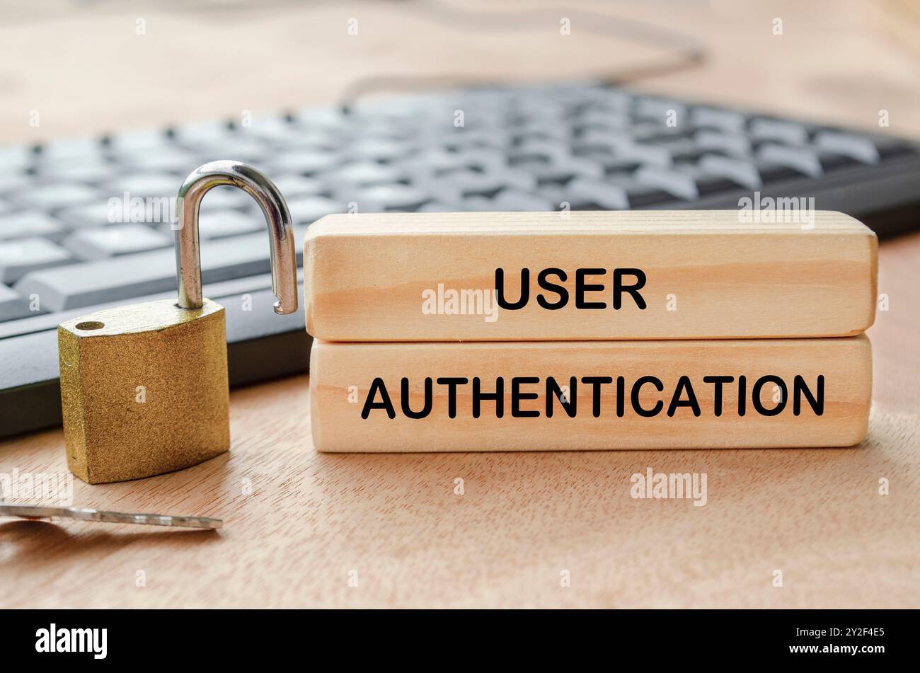 Benutzerauthentifizierungstext auf Holzblöcken mit Vorhängeschloss und Hintergrund der PC-Tastatur. Stockfoto