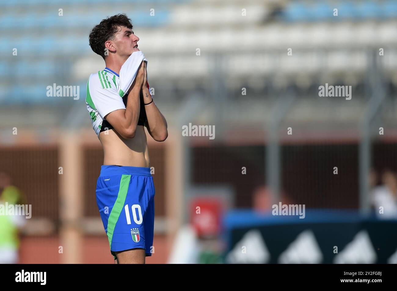 Italias U20 Lorenzo Anghele im Kampf gegen die Elite League Italien U20 - Deutschland U20 im „Manlio Scopigno“-Stadion in Rieti, Italien am 10. september 2024 Stockfoto