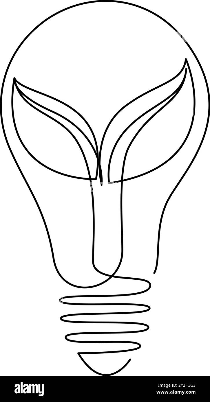 Glühlampe mit Blättern innen, die durch eine durchgehende Linie gezeichnet werden. Einzeilige Kritzelzeichnung eines kreativen Konzepts von grüner Energie und umweltfreundlichen s Stock Vektor
