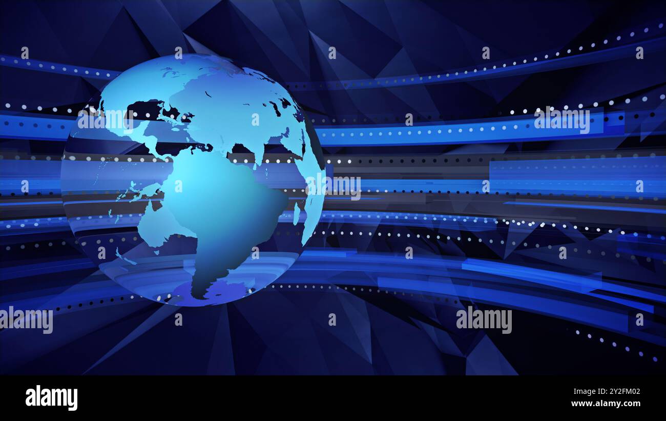 TV-Nachrichten weltweit, 3D-Hintergrundgrafik. Erde und andere grafische Elemente. Ideal auch für Logos, weltweite Geschäftstreffen, Kurse usw. Stockfoto