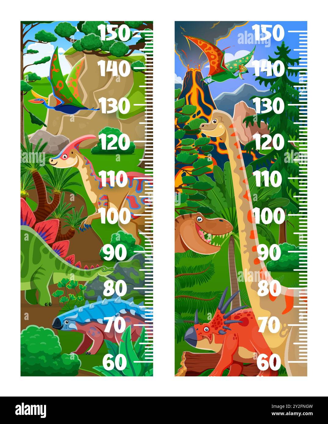 Kinderhöhenrecherchen mit lustigen prähistorischen Dinosauriern. Vektor-Wachstumsmesser, Wandaufkleber Skala für Kinder Höhenmessung mit Zeichentrickfilm lustige Dino-Tier-Charaktere im tropischen Dschungelwald Stock Vektor