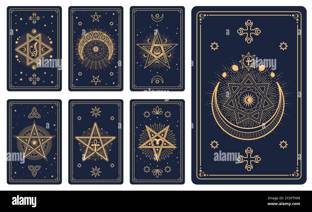 Magische okkulte Tarotkarten mit esoterischen Zeichen und mystischen Symbolen in goldenen Vektorlinien. Tarotkarten Decks oder Reverse Design mit Sonne, Mond und Stern, Pentakel mit Ankh-Kreuz und Himmelssymbolen Stock Vektor