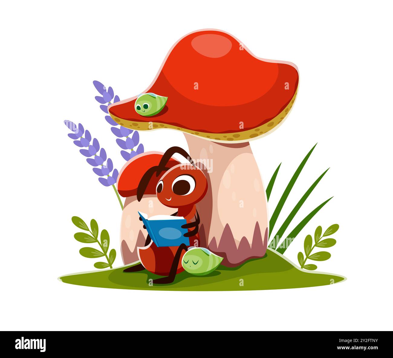 Cartoon Ameise liest ein Buch auf dem Rasen mit Pilzen. Bezaubernde Vektor-Sommerszene mit einer niedlichen Ameise, die in eine Fantasy-Geschichte eingetaucht ist und unter dem großen Amanita-Pilz mit einem lustigen Blattlaus-Haustier in der Nähe sitzt Stock Vektor