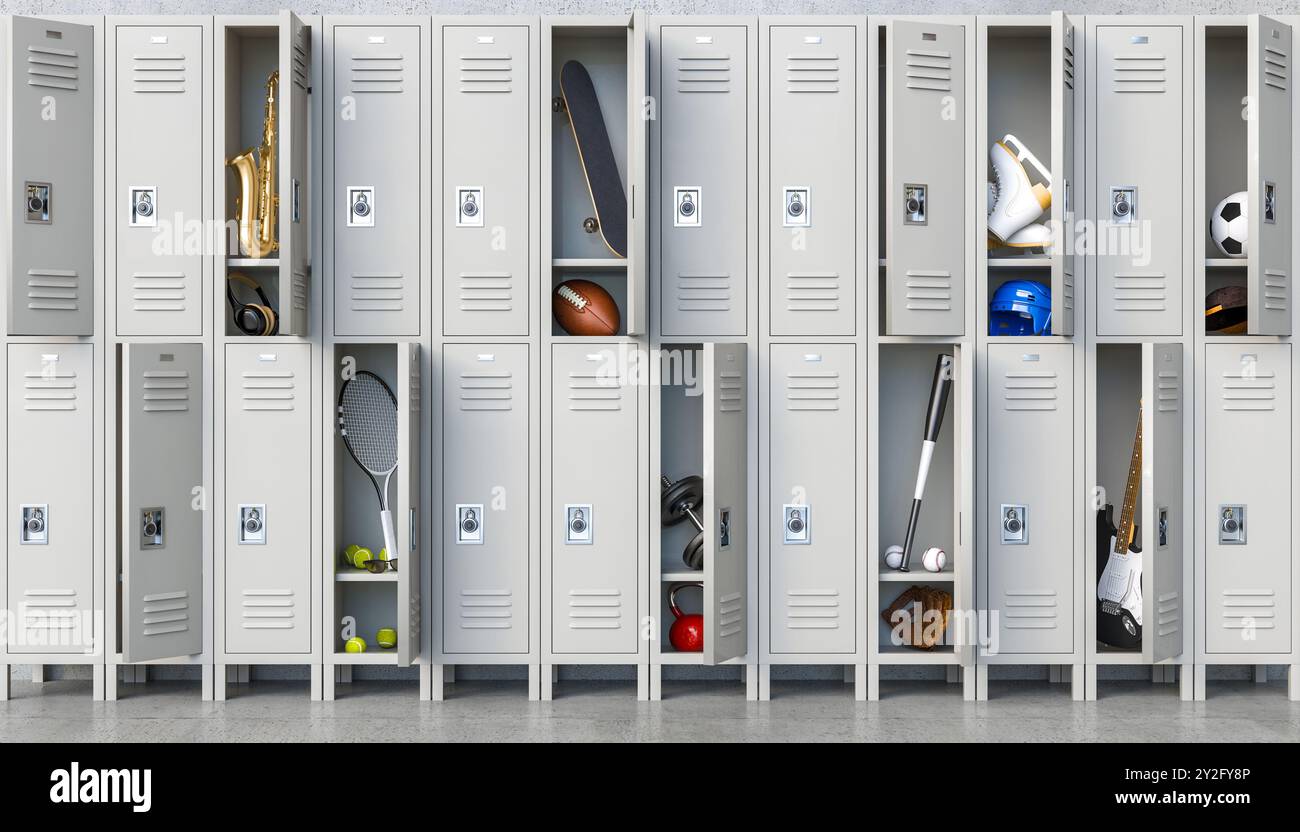 Schulschließfächer mit Sport- und Musikausrüstung. 3D-Hintergrund Stockfoto