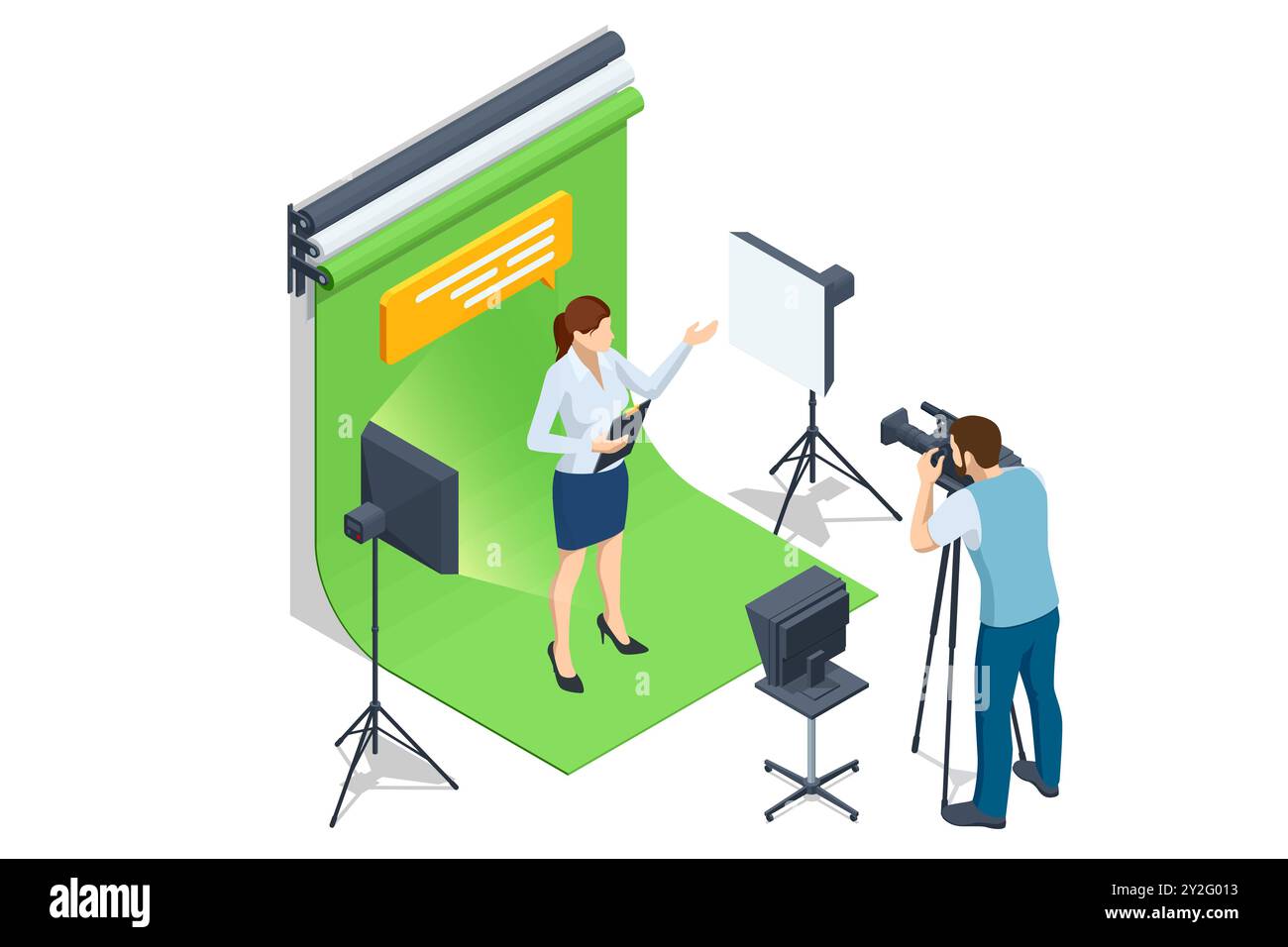 Isometrische Frau im Studio leerer grüner Hintergrund mit Softbox-Licht, Kamera, Stativ und Hintergrund. Expertengespräch Politik, Wissenschaft, Nachrichten Stock Vektor