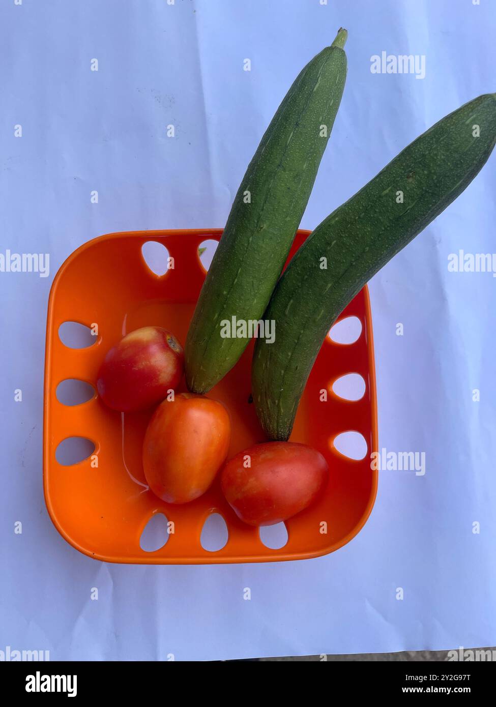 Luffa und Tomaten werden in einer orangen Schüssel gelegt, wodurch eine lebhafte Mischung aus Grün und Rot entsteht. Die kontrastierenden Farben und Texturen betonen die Frische Stockfoto