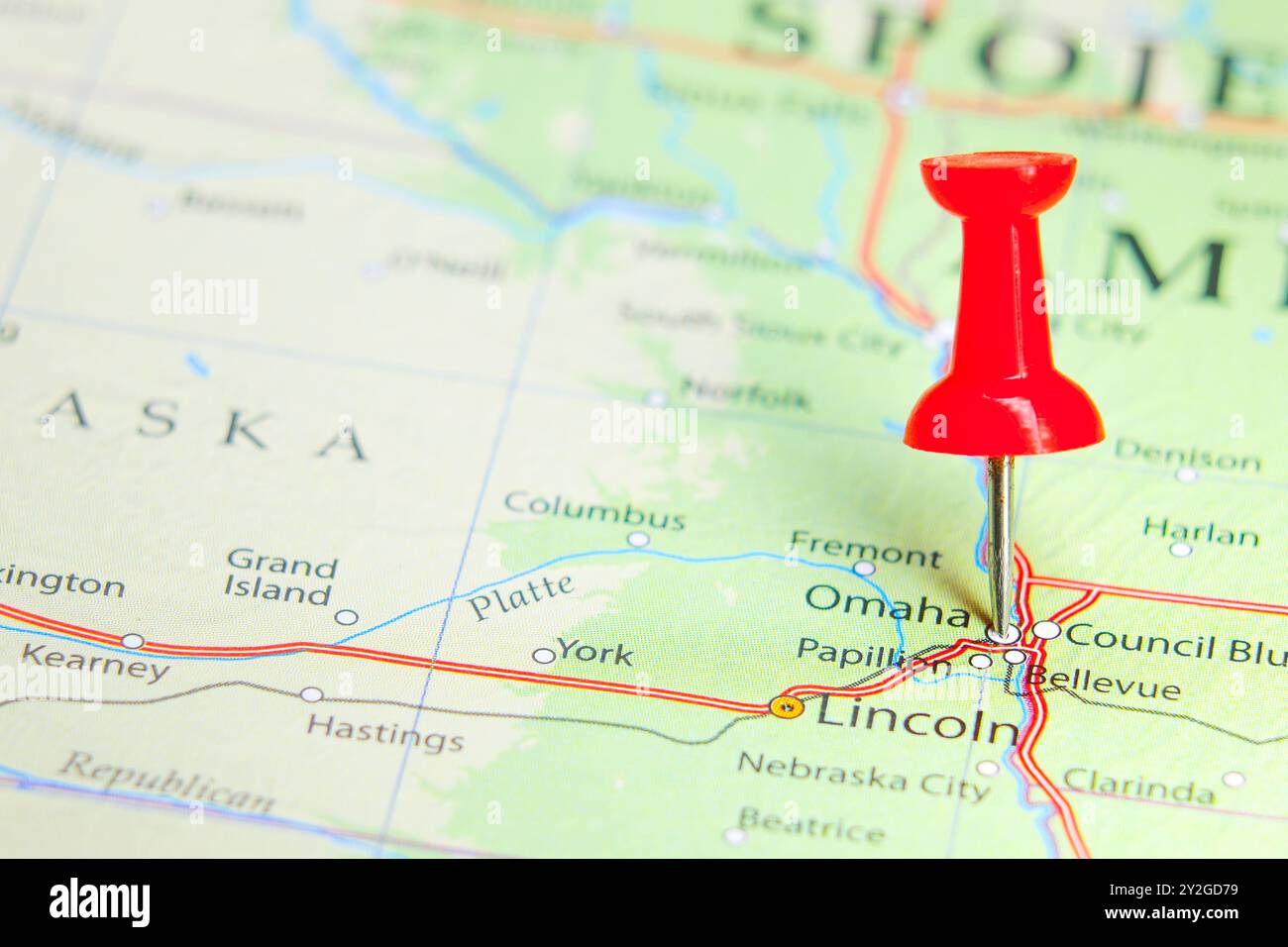 Omaha, Nebraska, USA auf der Karte Stockfoto