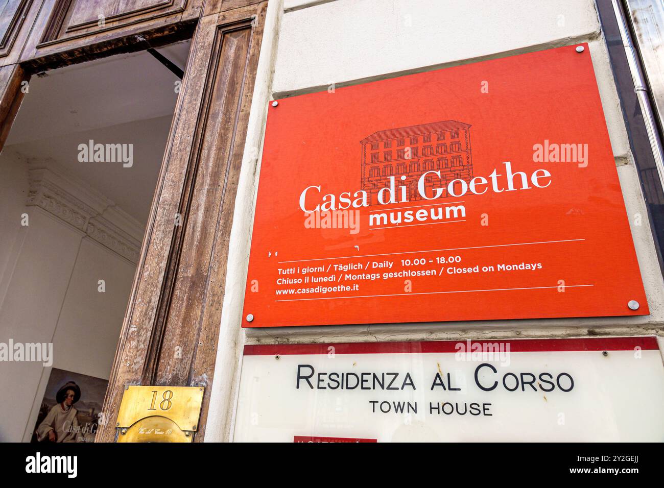 Rom Italien, Via del Corso, Goethe-Haus Museo Casa di Goethe, Schild Eingang, Italienisch Europa Europäische EU, Besucher reisen Reise Tourismus lan Stockfoto